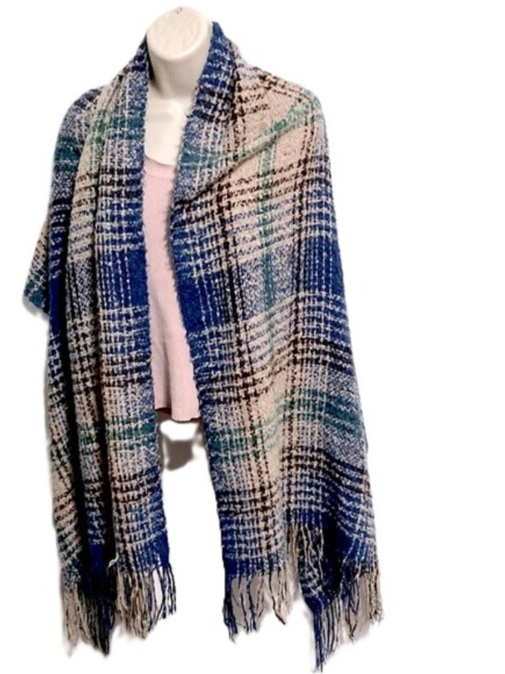 PREPPY PLAID Oversize Scarf Shawl Wrap with Fringe Knit Soft 24  x 68 inches